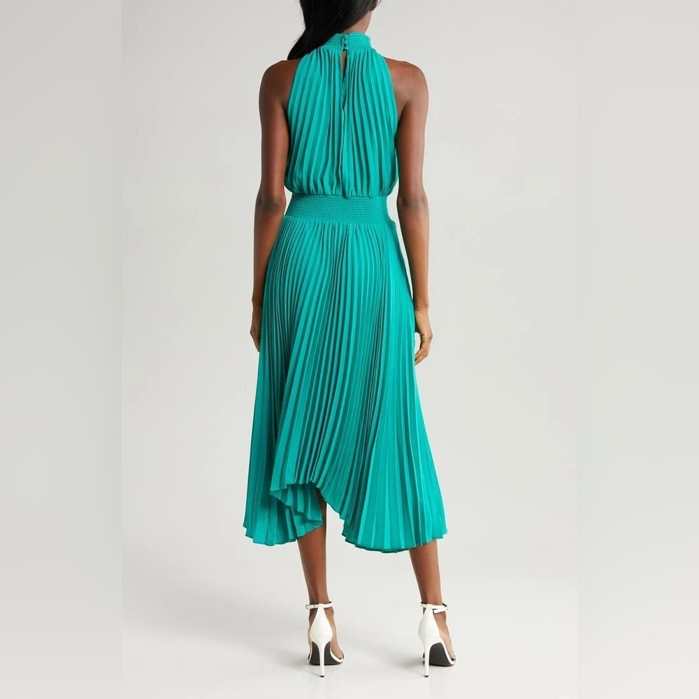 HALOGEN Pleated Sharkbite Hem Midi Dress In Miami Green M - Picture 4 of 8